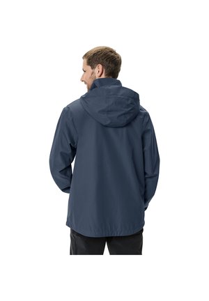 Navyblauwe regenjas met een capuchon, met een gladde textuur en een relaxte pasvorm, zichtbare stiksels en een rechte zoom.