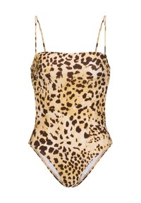 Μαγιό με λεοπάρ τύπωμα, στενή γραμμή, ανοιχτό κίτρινο βάση, καφέ στίγματα, λεπτές ρυθμιζόμενες τιράντες και μέτριο κόψιμο στα πόδια.