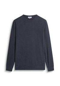 Maglione lunghezza maniche in blu navy realizzato in morbido cotone, con scollatura tonda e polsini e orlo a coste. Nessun motivo o decorazione evidente.