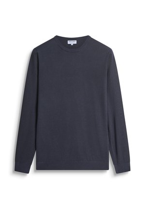 Maglione lunghezza maniche in blu navy realizzato in morbido cotone, con scollatura tonda e polsini e orlo a coste. Nessun motivo o decorazione evidente.