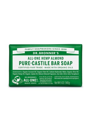 Grüne und weiße Pure-Castile-Seife von Dr. Bronner’s mit Hanf und Mandel, zertifiziert fair gehandelt und hergestellt mit Bio-Ölen, 5 oz Verpackung.