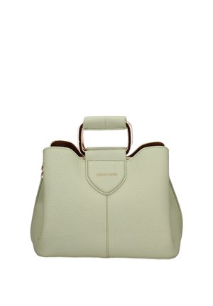Sac à main texturé vert clair avec poignées rectangulaires dorées et rabat avant embossé du logo "pierre cardin".