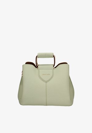 Borsa a mano verde chiaro con texture, manici rettangolari dorati e patta frontale con logo "pierre cardin" in rilievo.