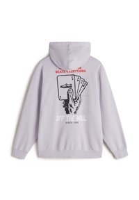 Light purple hoodie with a hand graphic holding playing cards. Text reads "Nothing Beats Air" and "OFF THE WALL" below, with 1966 date.
