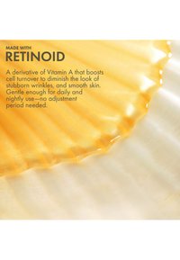 Gel rétinoïde jaune avec une surface lisse et brillante en forme ondulée, placé sur un fond blanc texturé. Le texte décrit ses bienfaits pour les soins de la peau.