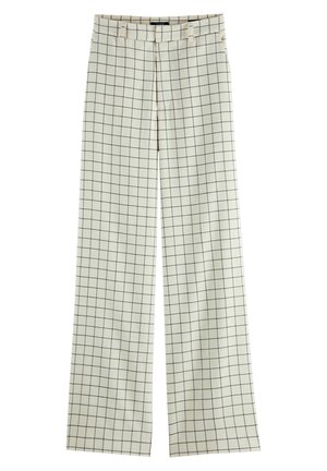 Vysoké kalhoty krémové barvy s širokými nohavicemi, vzor černé mřížky a poutka na pásek v oblasti pasu.