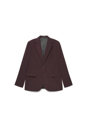 Blazer marron foncé à simple boutonnage avec deux boutons, revers crantés et deux poches avant à rabat, présenté sur fond blanc.