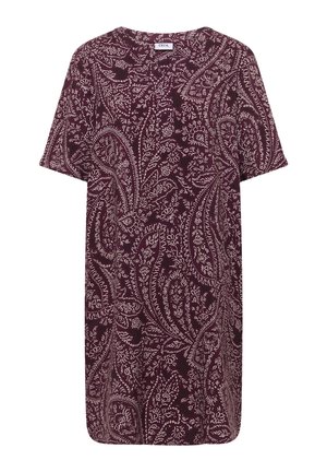 Fialové šaty s krátkým rukávem se světle růžovým složitým paisley vzorem a kulatým výstřihem.