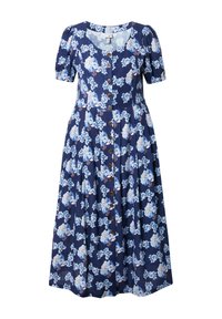 Šaty s květinovým potiskem na námořnickém pozadí, se zkrácenými balónovými rukávy, zapínáním na knoflíky vpředu a rozšířenou sukní.
