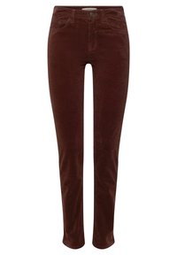 Brown corduroy pants with a slim fit, five-pocket design, front button closure, and subtle vertical ribbing texture.