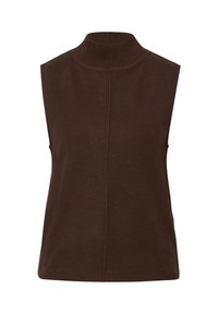 Braunes ärmelloses Oberteil mit hohem, geripptem Ausschnitt aus weichem Stoff. Es zeichnet sich durch ein schlichtes Design mit dezenten vertikalen Nahtdetails aus.