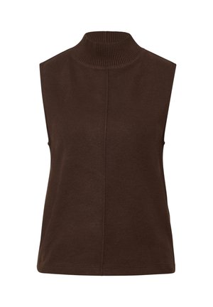 Brązowy top bez rękawów z wysokim prążkowanym kołnierzem, wykonany z miękkiego materiału. Charakteryzuje się prostym designem z subtelnymi pionowymi przeszyciami.