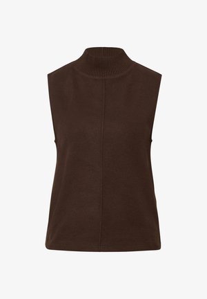 Braunes ärmelloses Oberteil mit hohem, geripptem Ausschnitt aus weichem Stoff. Es zeichnet sich durch ein schlichtes Design mit dezenten vertikalen Nahtdetails aus.
