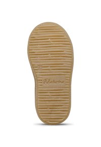 Sola in gomma, beige con texture rigata e motivo a stella, con marchio sul lato. Forma arrotondata con bordi lisci.