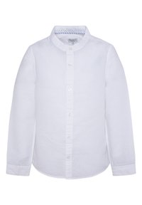 Bílá košile s dlouhým rukávem vyrobená z lehkého materiálu, s kulatým límečkem, sedmi knoflíky vpředu a jemnými švy.