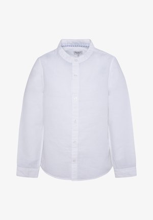 Vit långärmad skjorta i lättviktig tyg med rundad krage, sju knappar framtill och subtila stygn detaljer.