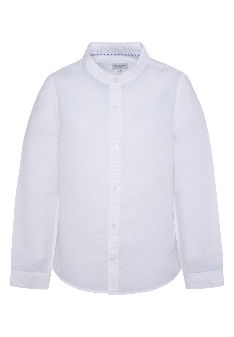 Bílá košile s dlouhým rukávem vyrobená z lehkého materiálu, s kulatým límečkem, sedmi knoflíky vpředu a jemnými švy.