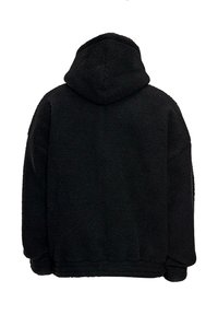 Giacca a cappuccio nera in pile con una texture morbida e pelosa, mostrata da dietro.