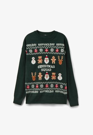 Grüner Strickpullover mit Feiertagsmotiven wie Schneemännern, dem Weihnachtsmann, Rentieren und Lebkuchen. Der Text lautet "WEIHNACHTS-TEAM" und "FROHE-HEILIGTAGE."