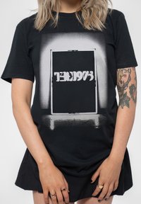 Black cotton t-shirt featuring a graphic design of a door with stylized text, short sleeves, and a relaxed fit.