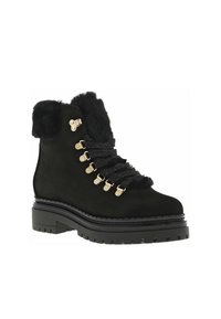 Bottines en suédine noire avec un col en fourrure synthétique, design à lacets, accents en matériel doré et semelle en caoutchouc noir robuste.