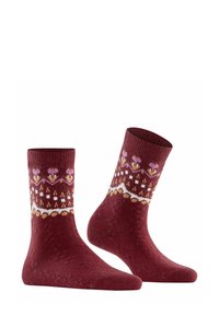 Calzini a maglia color bordeaux con un motivo floreale geometrico in rosa e bianco, dotati di coste testurizzate nella parte superiore e di un colore uniforme in tutto il resto.