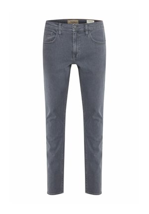Gray denim jeans with a slim fit, five-pocket design, and a classic waistband featuring a single button closure. Subtle wash detailing.
