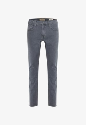 Szürke farmernadrág, slim fit szabással, öt zsebes kialakítással és klasszikus derékpánttal, egyetlen gombos záródással. Finoman mosott részletek.