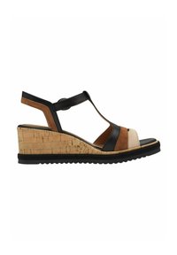 Wedge sandalen met een kurken basis, met een mix van zwarte, bruine en beige leren banden, open teen ontwerp en een gestructureerde rubberen zool.