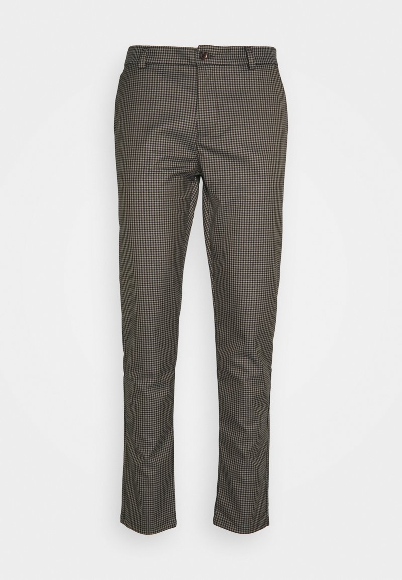 Pantalon à carreaux marron avec une coupe slim, doté d'une fermeture boutonnée et d'un design à partie avant plate. Le matériau semble lisse avec un léger éclat.