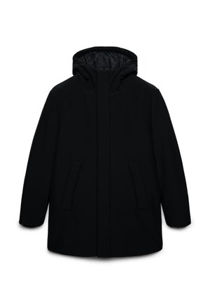 Schwarze Winterjacke mit Kapuze, Fronttaschen, langen Ärmeln und einem mit einer Frontblende verdeckten Reißverschluss.