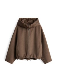 Braune Zip-Jacke mit gepolstertem Kapuzen und langen Ärmeln, ausgestattet mit seitlichen Taschen und verstellbaren Saumkordeln.