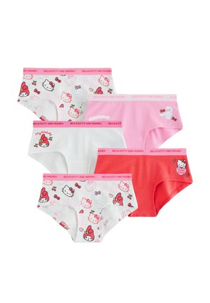 Five pairs of children's underwear featuring Hello Kitty and Friends characters in white, pink, and red with character prints and logo waistbands.