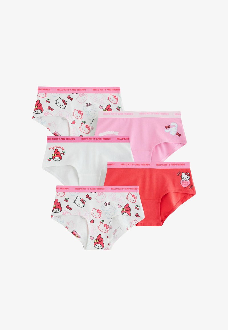 Cinq paires de sous-vêtements pour enfants avec les personnages Hello Kitty et Friends en blanc, rose et rouge, avec des imprimés de personnages et des ceintures à logo.