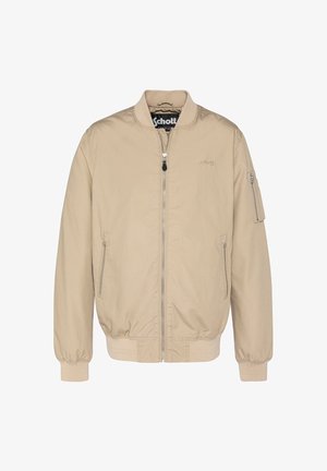 Veste bomber beige à fermeture éclair, avec poignets et ourlet élastiques, deux poches avant zippées, une poche zippée sur la manche gauche et logo Schott sur la poitrine.