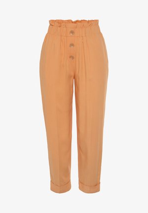 Hoch taillierte Pfirsichfarbene Hose mit drei vorderen Knöpfen, elastischem, gerafftem Bund, geradem Bein und umgeschlagenem Saum.