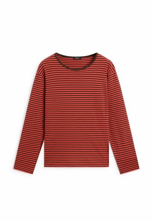 Chemise à manches longues avec des rayures horizontales rouges et marron foncé et un col rond, présentée à plat sur un fond blanc.