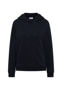 Felpa con cappuccio di colore blu navy scuro, dotata di tasca a marsupio frontale, polsini e orlo a coste, con cordini e un texture di tessuto morbido.