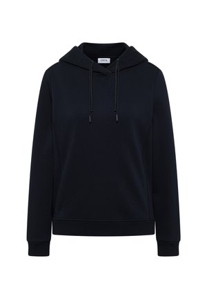 Sudadera con capucha de un oscuro color navy, con un bolsillo tipo canguro en la parte frontal, puños y dobladillo acanalados, que presenta cordones y una textura de tela suave.