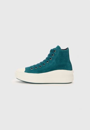 Høytop sneakers i teal semsket skinn med hvit gummisåle, med metallhull og rund tå. Enkelt design uten synlige mønstre.