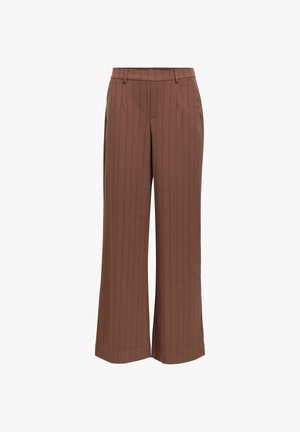 I pantaloni ampi marroni presentano righe verticali lilla, una parte frontale piatta con pieghe e una vita con passanti per la cintura. Tessuto dalla consistenza liscia.