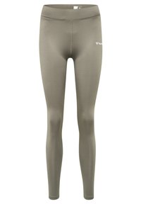 Tights gjorda av slät, elastisk tyg i olivgrön. Hög midja med kontrasterande sömmar och en liten logotyp nära vänster höft.