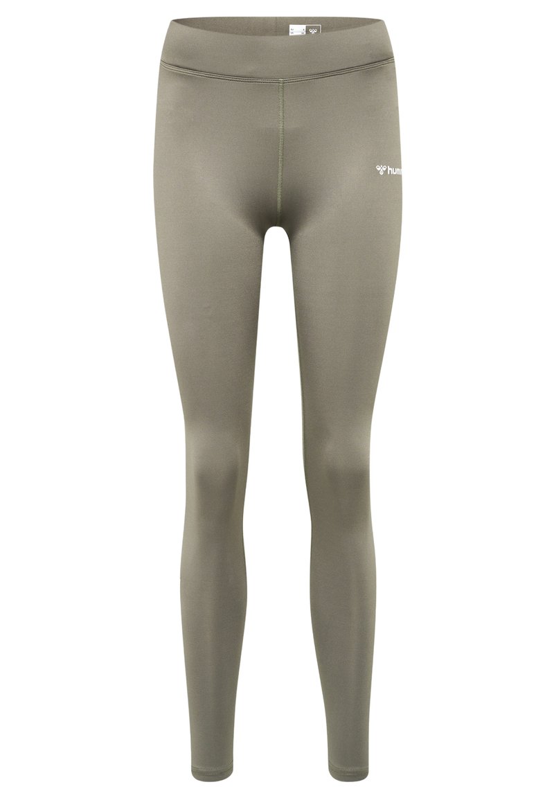 Tights gjorda av slät, elastisk tyg i olivgrön. Hög midja med kontrasterande sömmar och en liten logotyp nära vänster höft.