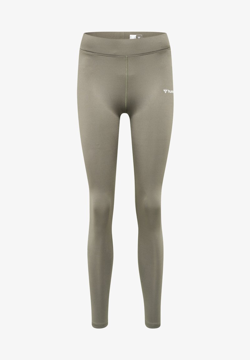 Tights gjorda av slät, elastisk tyg i olivgrön. Hög midja med kontrasterande sömmar och en liten logotyp nära vänster höft.