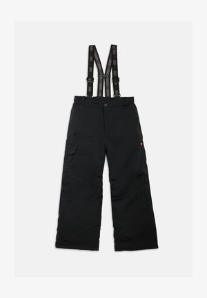 Pantalons de neige noirs avec des bretelles réglables, une fermeture à bouton et des poches latérales au design cargo. Tissu lisse et résistant.