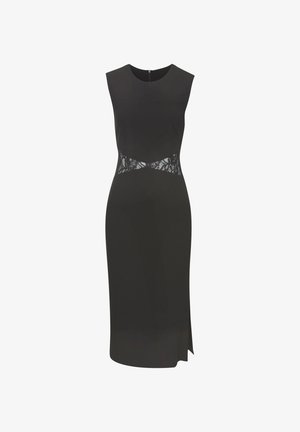 Vestido negro sin mangas con una silueta ajustada, inserción de encaje en la cintura y una abertura lateral. Textura suave, diseño a la altura de las rodillas.