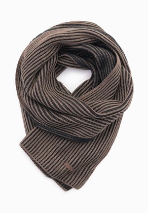 Brown and navy striped scarf featuring a ribbed texture, soft fabric, and a small logo tag on the edge.