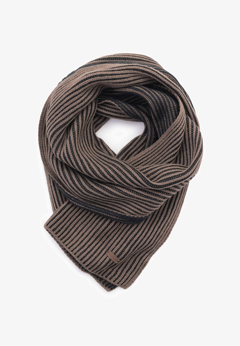 Écharpe rayée marron et marine avec une texture côtelée, en tissu doux, et une petite étiquette de logo sur le bord.