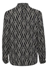 Blouse noire à manches longues avec des motifs verticaux en forme de vignes blancs et un petit col montant froncé avec fermeture à bouton à l'arrière.