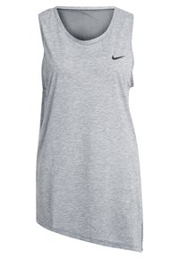 Débardeur de sport Nike gris clair sans manches avec col rond et petit logo swoosh noir sur le côté gauche de la poitrine.